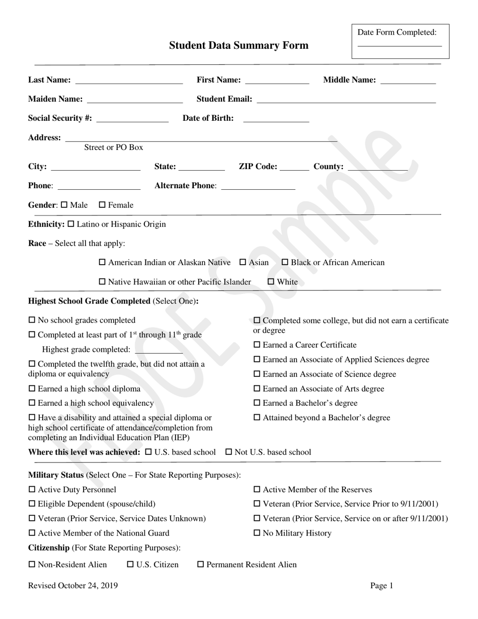 Student Data Summary Form - Sample - Florida, Page 1