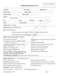 Document preview: Student Data Summary Form - Sample - Florida