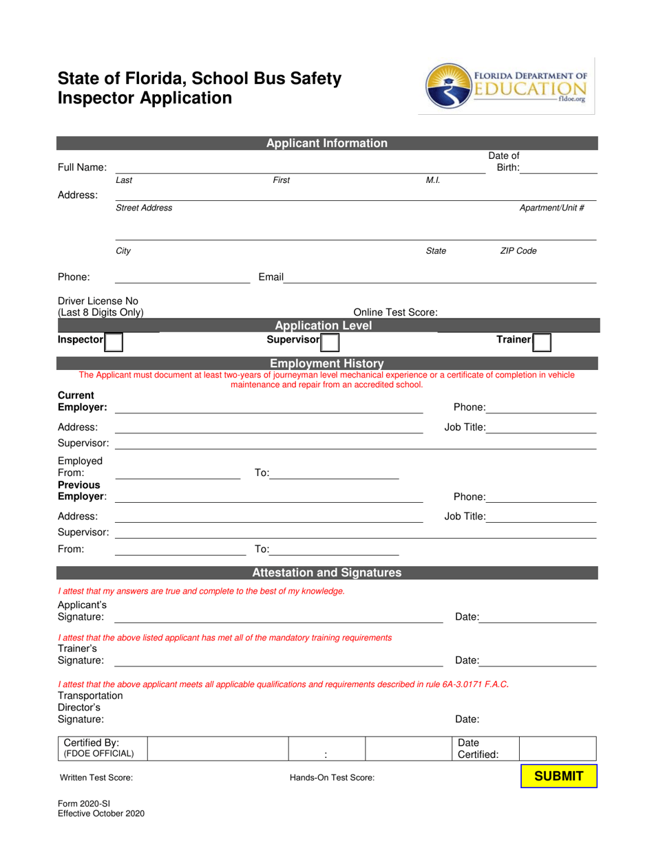 Form 2020-SI School Bus Safety Inspector Application - Florida, Page 1