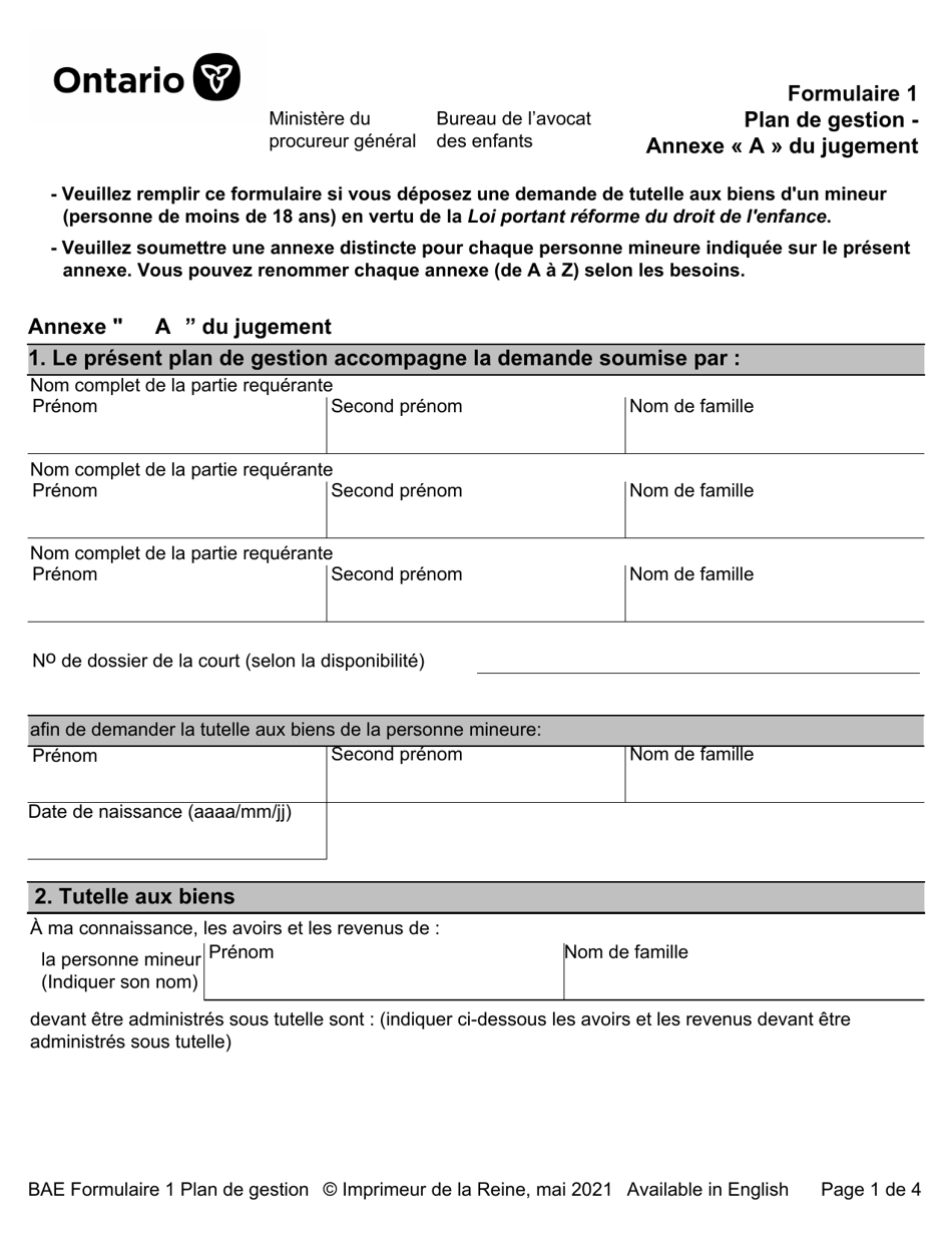 BAE Forme 1 Agenda A Plan De Gestion - Annexe a Du Jugement - Ontario, Canada (French), Page 1