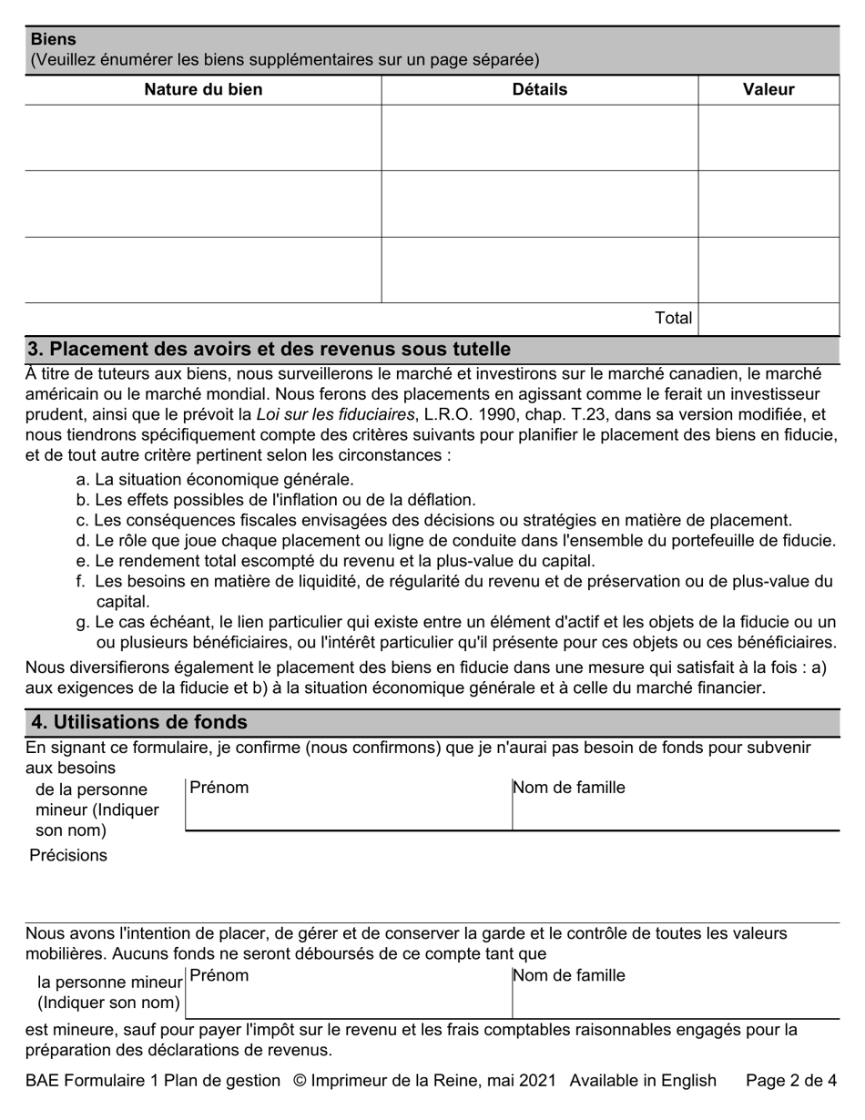BAE Forme 1 Agenda A Plan De Gestion - Annexe a Du Jugement - Ontario, Canada (French), Page 2