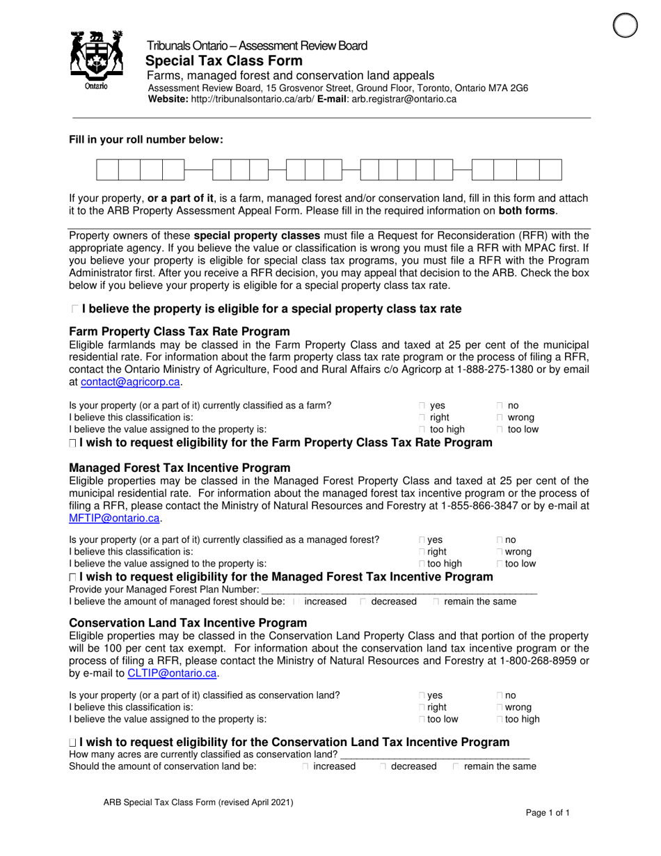 Special Tax Class Form - Ontario, Canada, Page 1