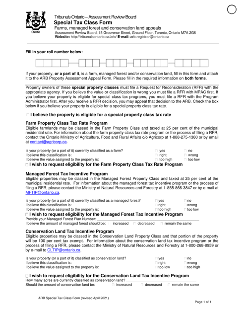 Special Tax Class Form - Ontario, Canada Download Pdf