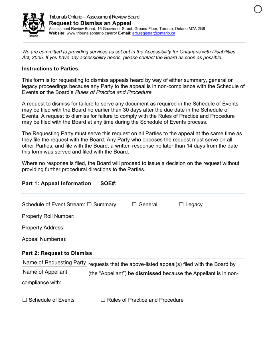 Request to Dismiss an Appeal - Ontario, Canada, Page 1