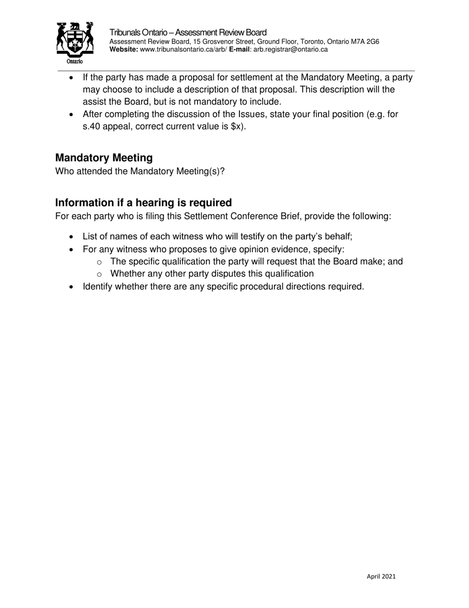 Settlement Conference Brief Template - Ontario, Canada, Page 3