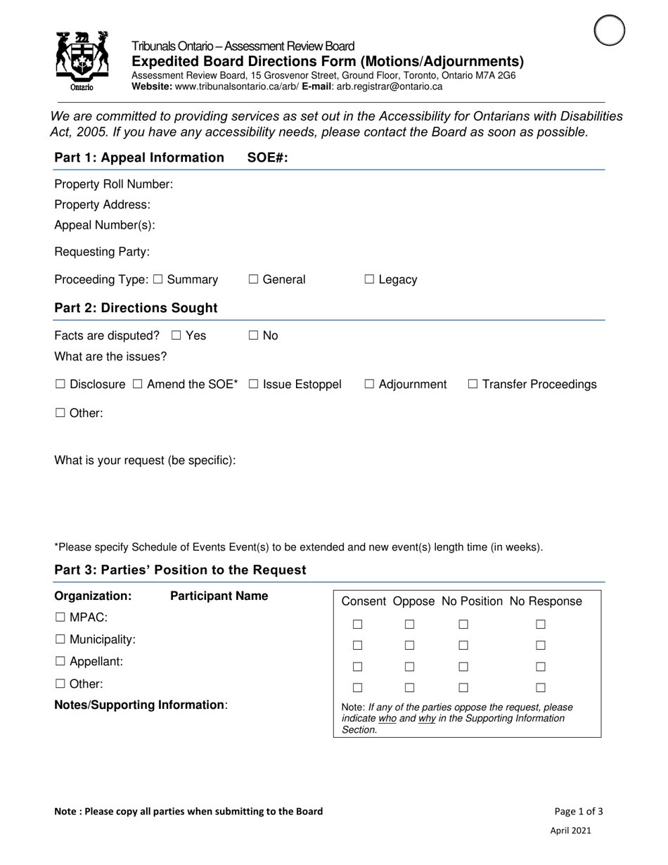 Ontario Canada Expedited Board Directions Form (Motions/Adjournments ...