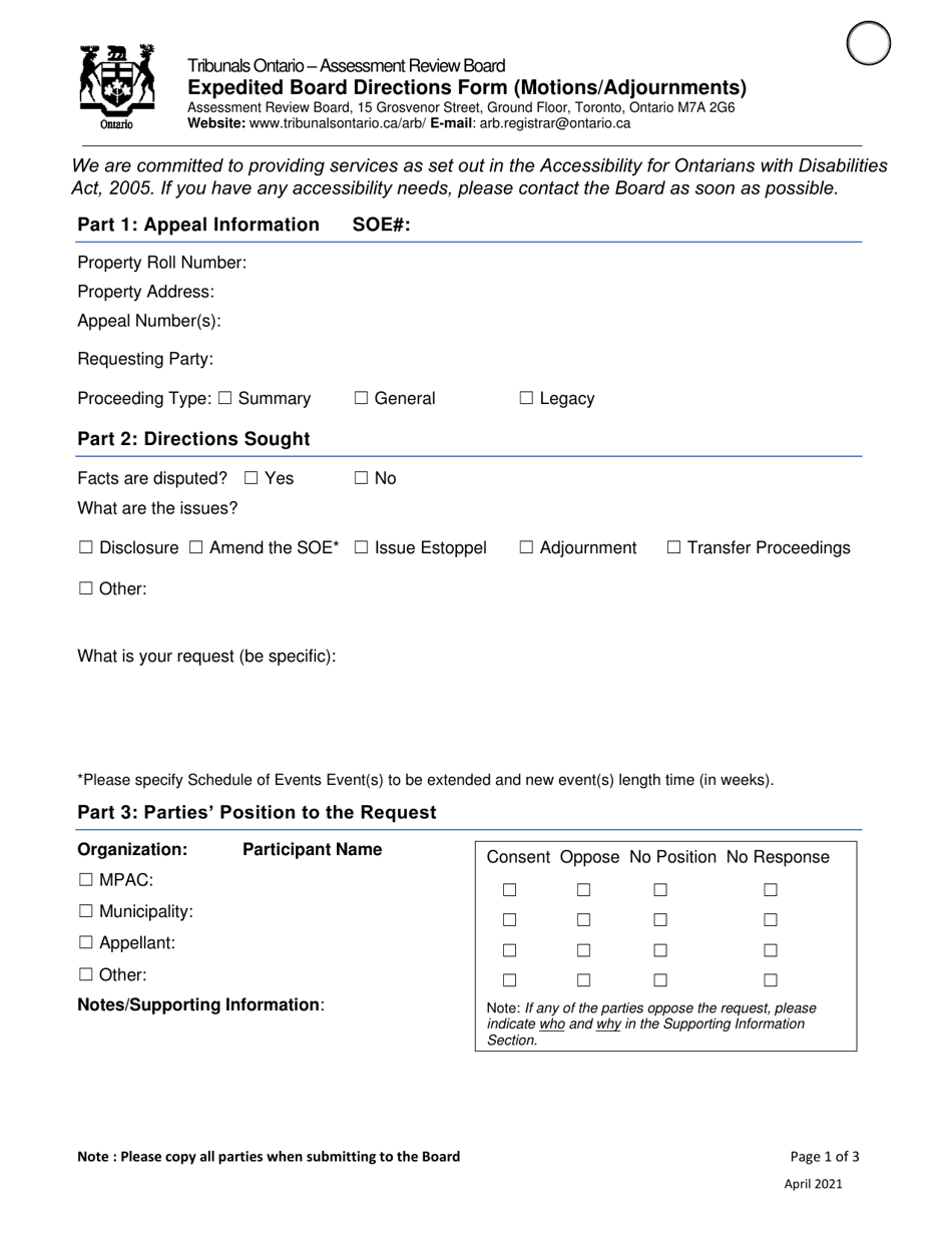 Expedited Board Directions Form (Motions / Adjournments) - Ontario, Canada, Page 1