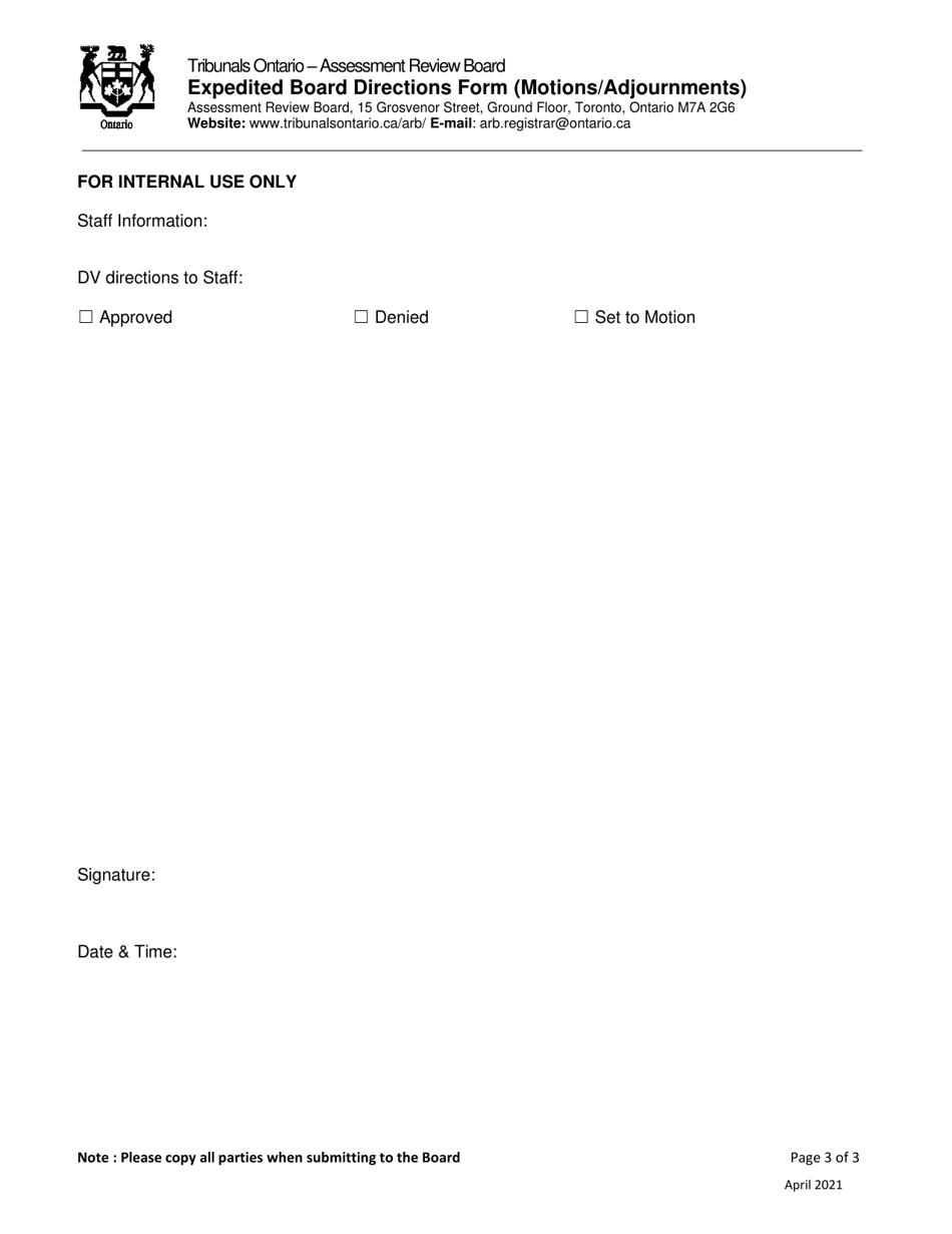 Expedited Board Directions Form (Motions / Adjournments) - Ontario, Canada, Page 3