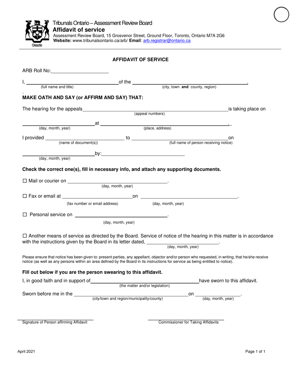 Affidavit of Service - Ontario, Canada, Page 1