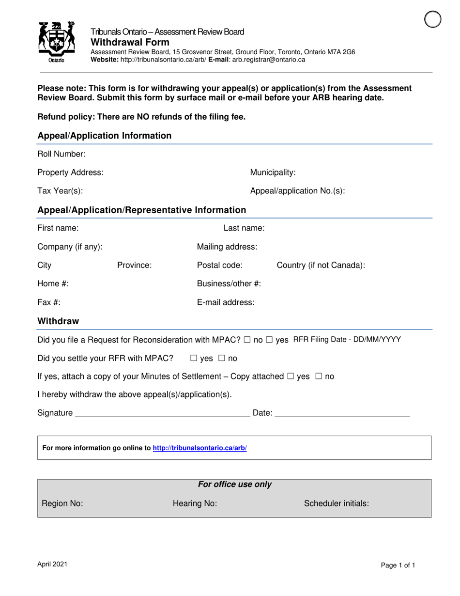 Withdrawal Form - Ontario, Canada, Page 1