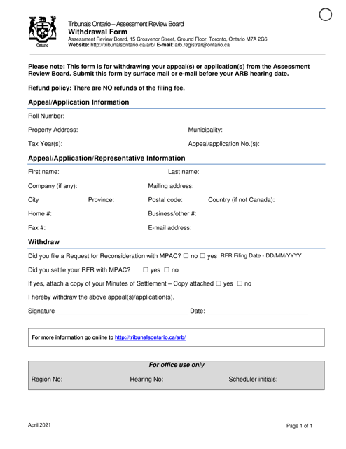 Withdrawal Form - Ontario, Canada Download Pdf