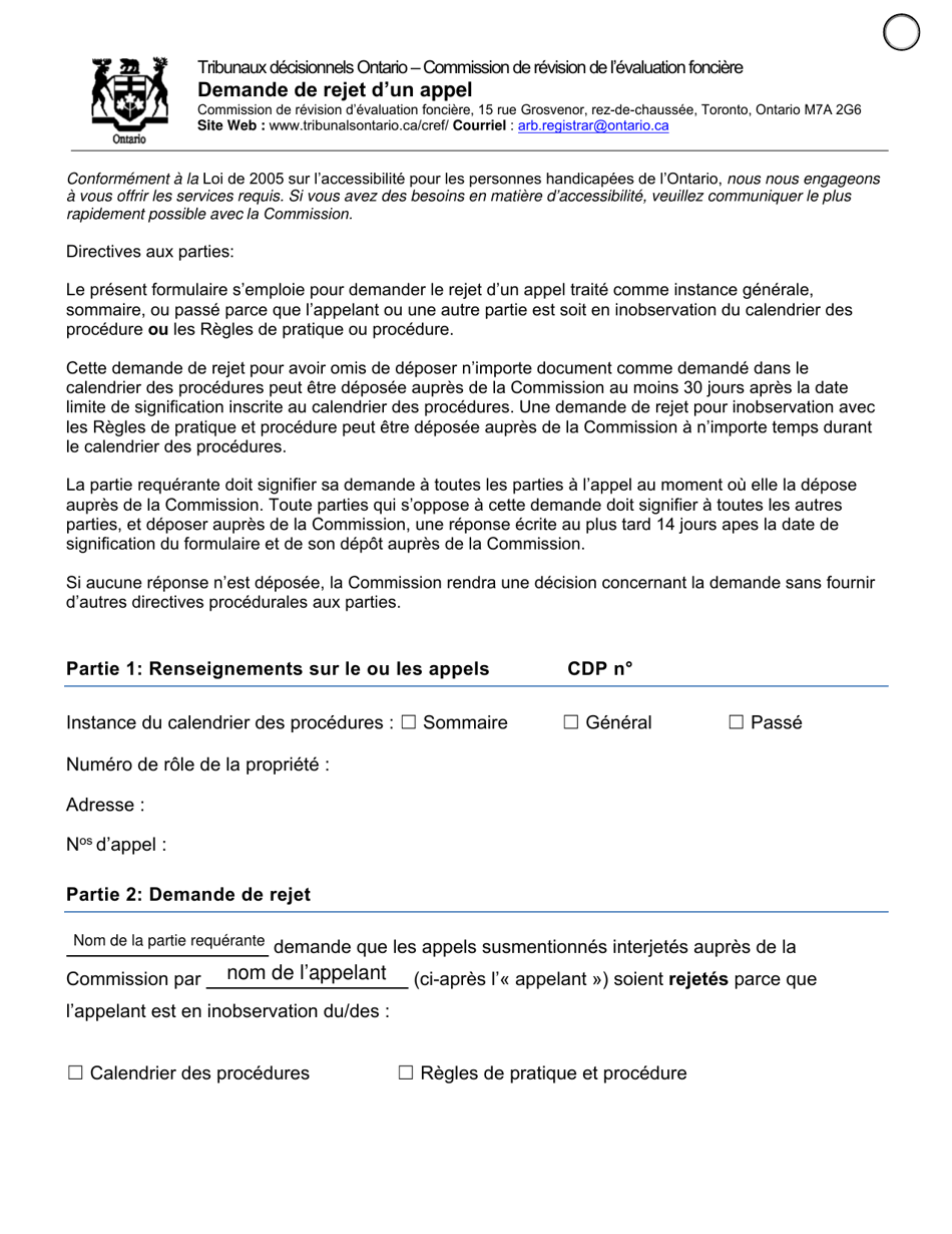 Demande De Rejet Dun Appel - Ontario, Canada (French), Page 1