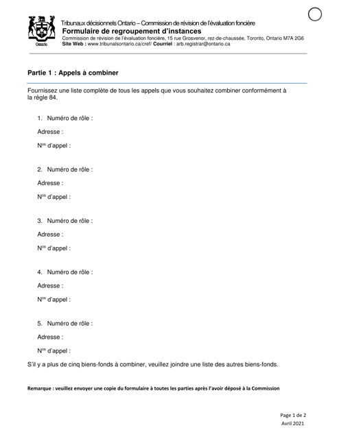 Formulaire De Regroupement D'instances - Ontario, Canada (French)