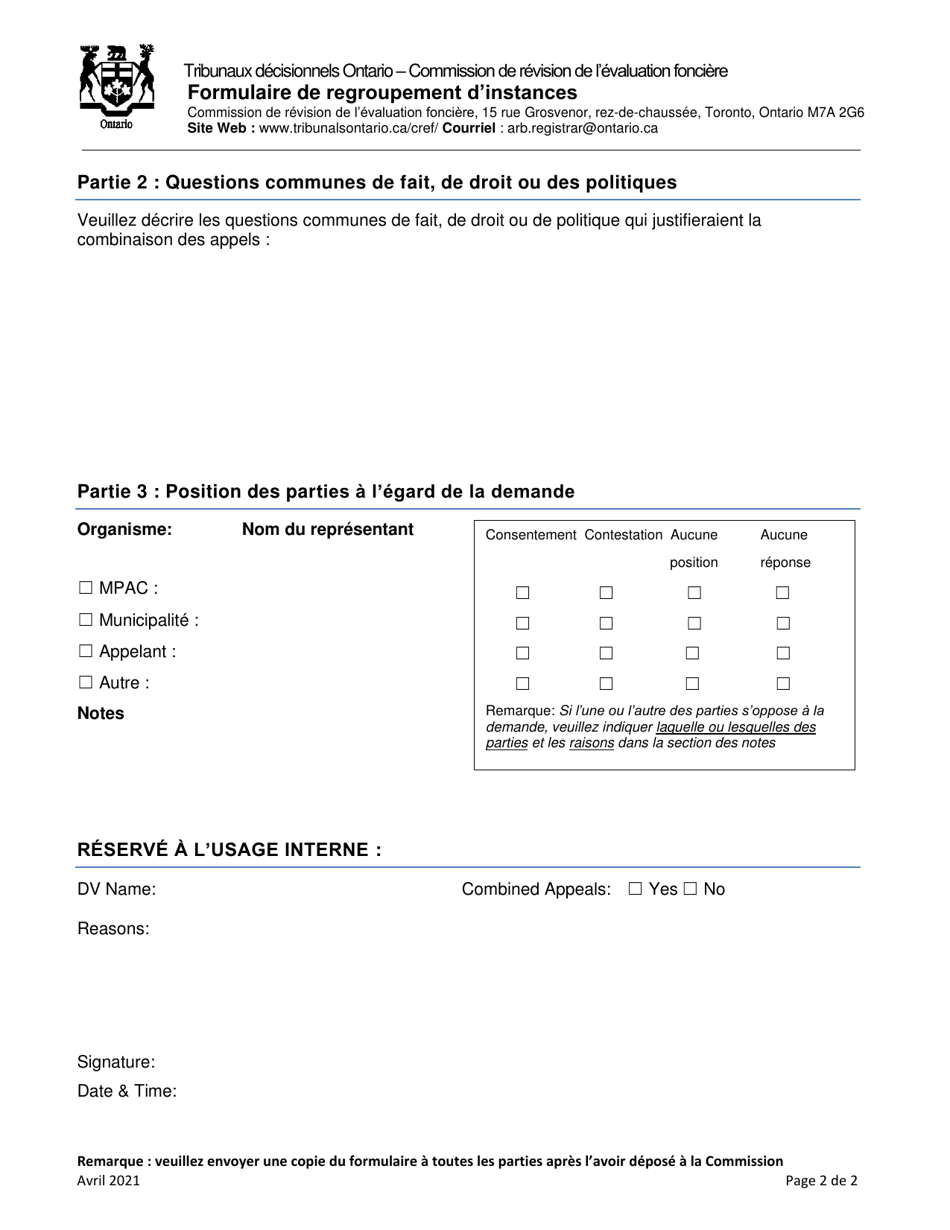 Formulaire De Regroupement Dinstances - Ontario, Canada (French), Page 2