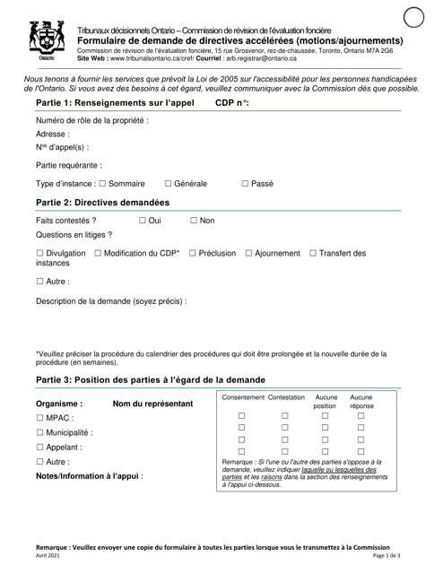 Formulaire De Demande De Directives Accelerees (Motions / Ajournements) - Ontario, Canada (French) Download Pdf