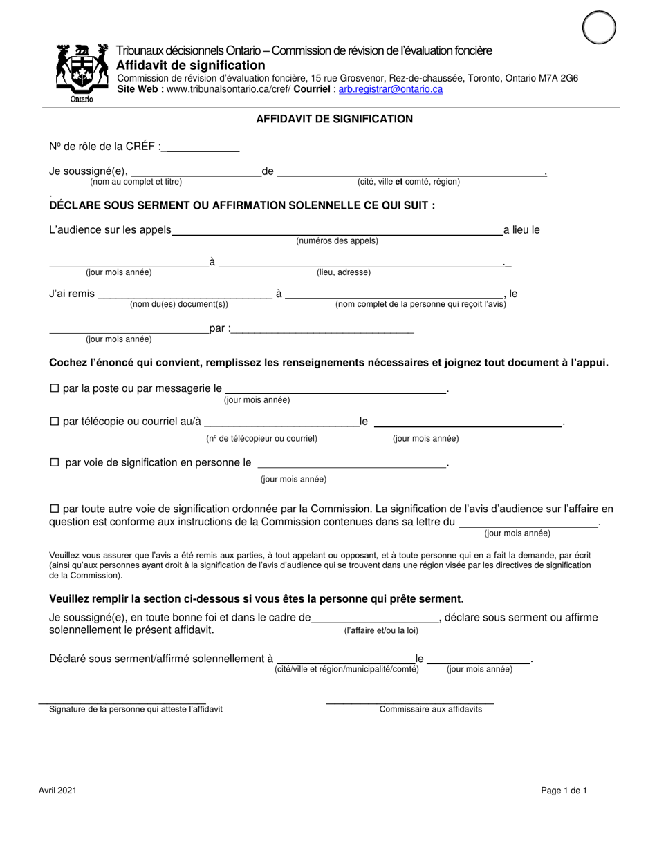 Affidavit De Signification - Ontario, Canada (French), Page 1