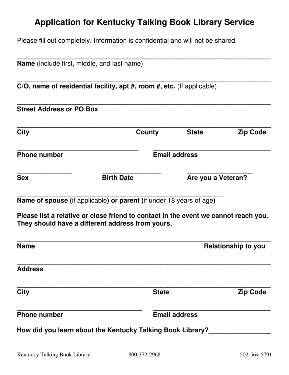 Kentucky Application for Kentucky Talking Book Library Service Download ...