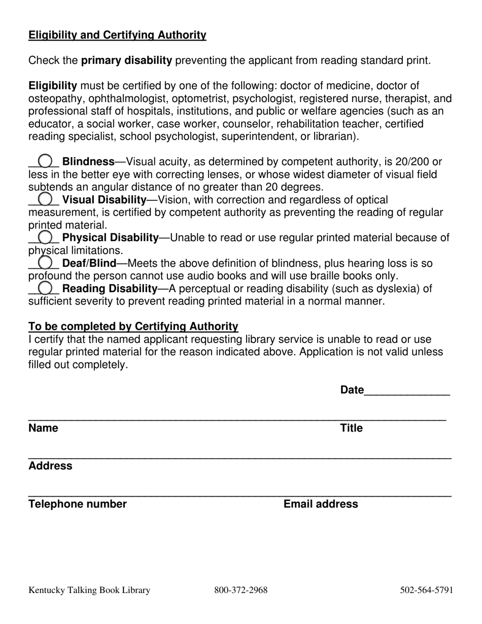 Application for Kentucky Talking Book Library Service - Kentucky, Page 2