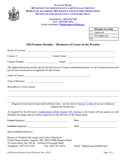 Off-Premises Retailer - Disclosure of Lessee on the Premise - Maine Download Pdf