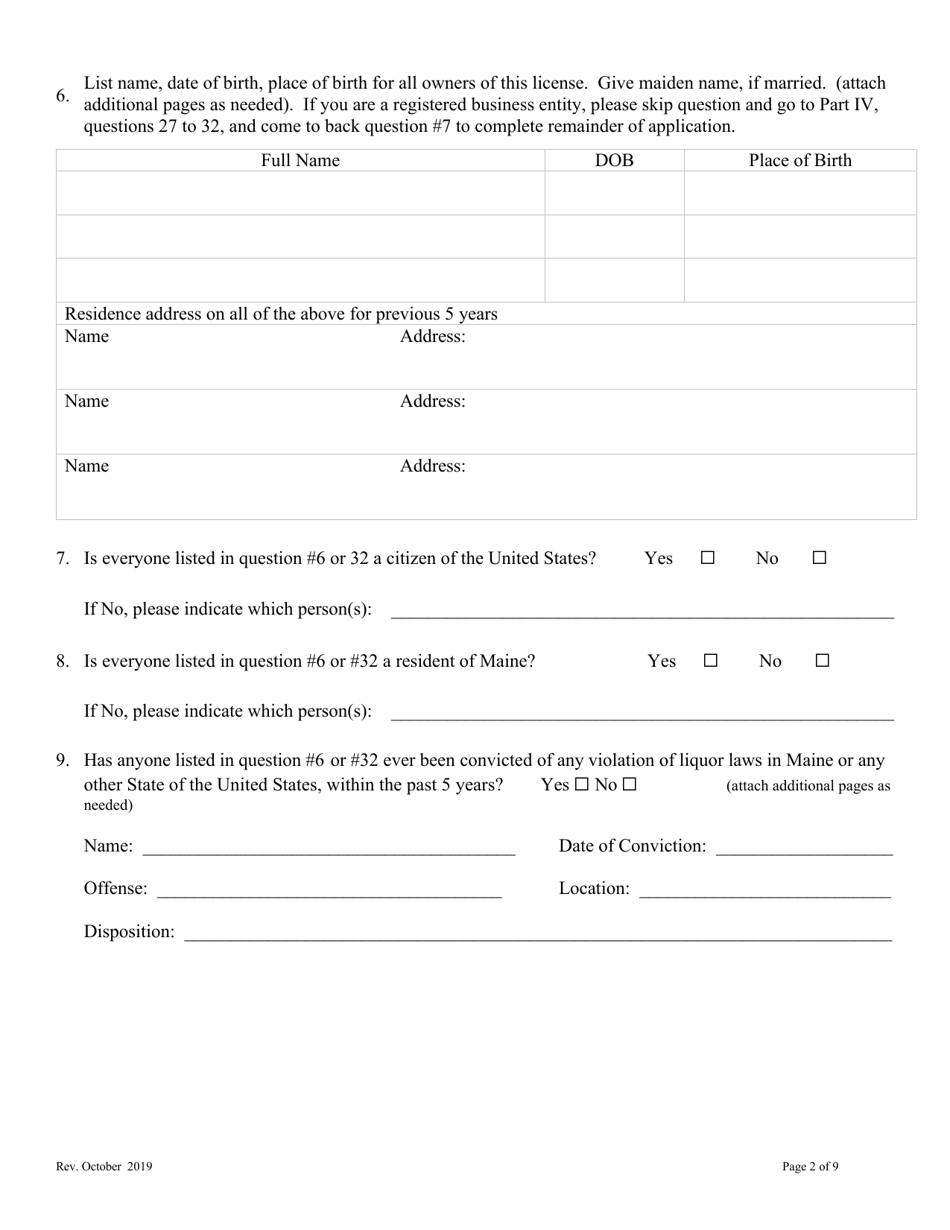 Application for Renewal of an Agency Liquor Store License With Retail Sales of Beer and Wine Class VIII License - Maine, Page 2
