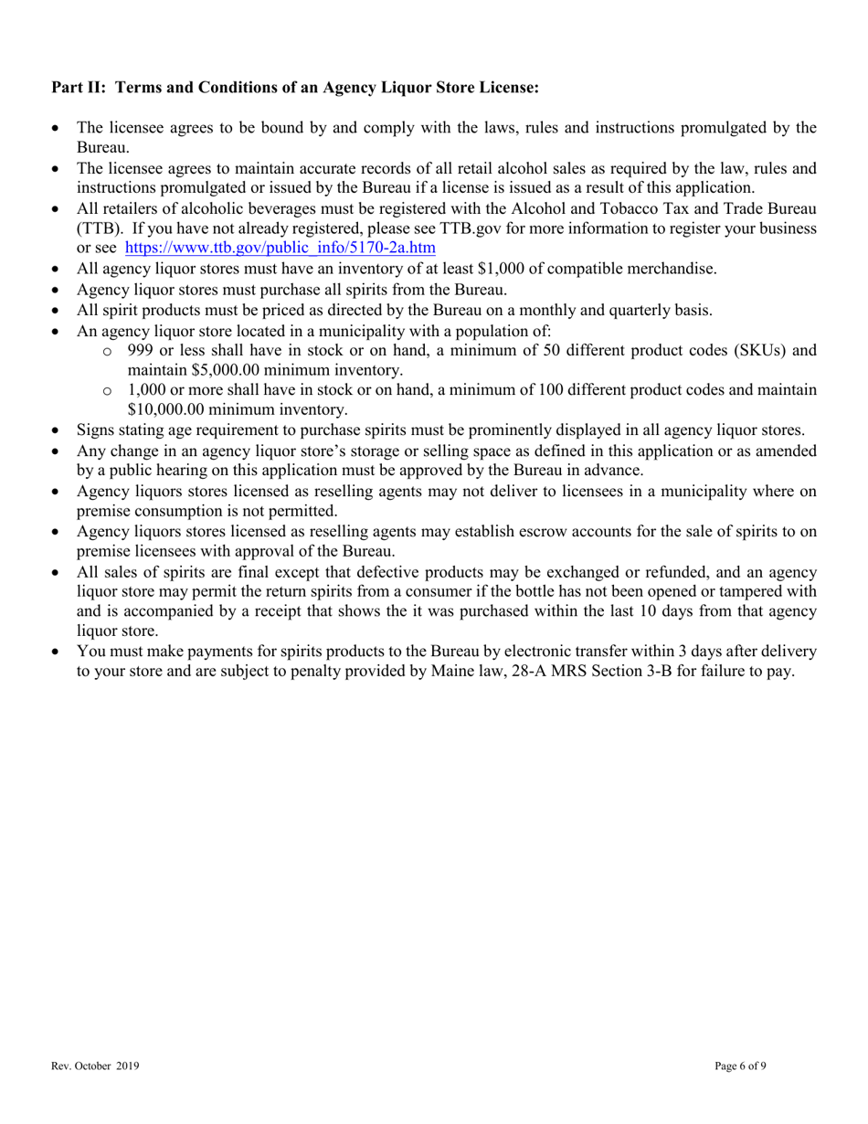 Application for Renewal of an Agency Liquor Store License With Retail Sales of Beer and Wine Class VIII License - Maine, Page 6
