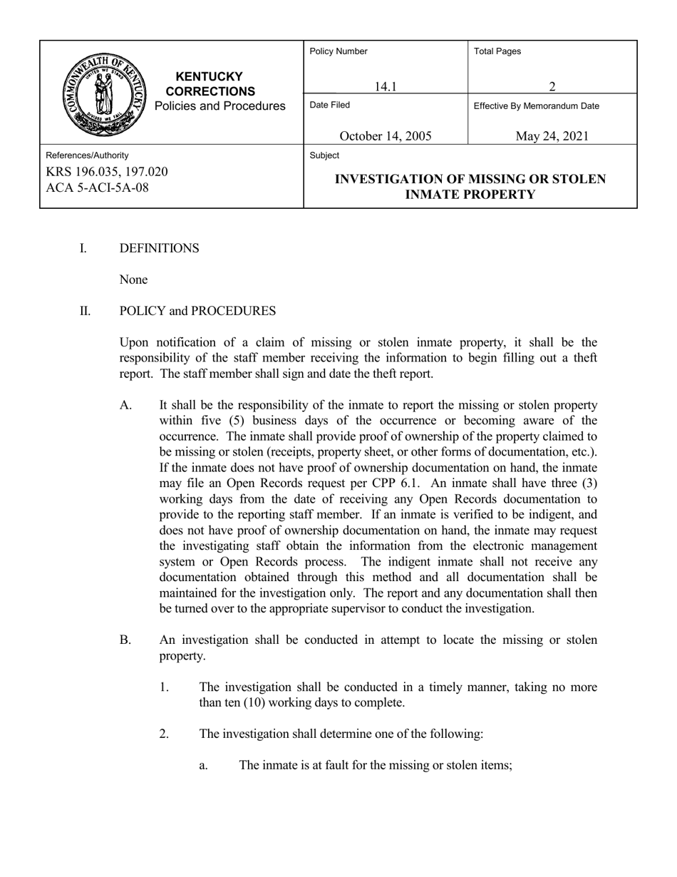 Attachment I Missing Property / Theft Report - Kentucky, Page 1