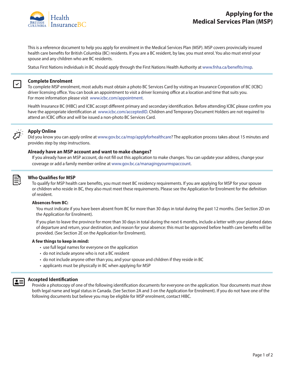 Form HLTH102 Medical Services Plan (Msp) Application for Enrolment - British Columbia, Canada, Page 1