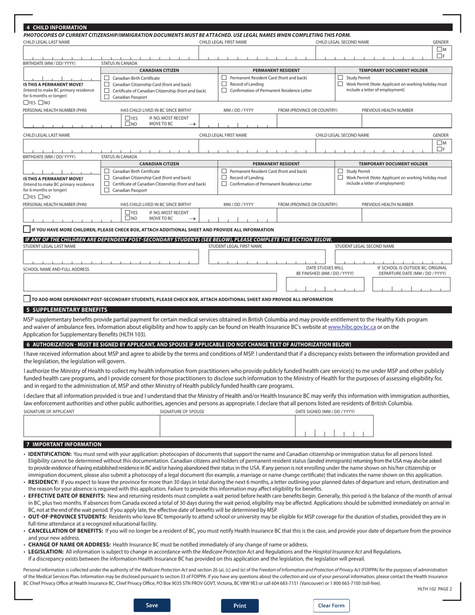 Form HLTH102 Medical Services Plan (Msp) Application for Enrolment - British Columbia, Canada, Page 4