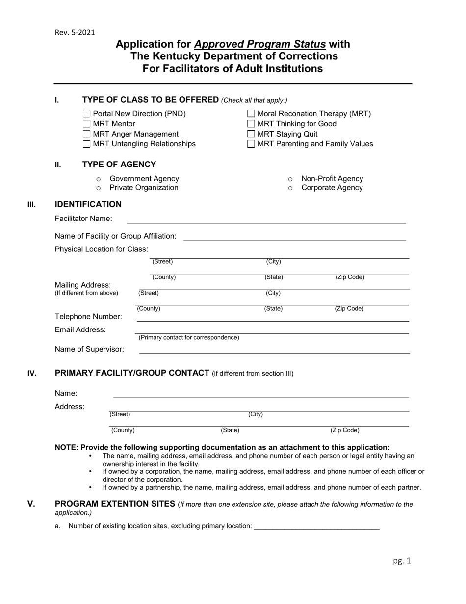 Application for Approved Program Status With the Kentucky Department of Corrections for Facilitators of Adult Institutions - Kentucky, Page 1
