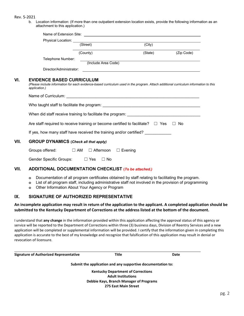Kentucky Application For Approved Program Status With The Kentucky Department Of Corrections For 1354