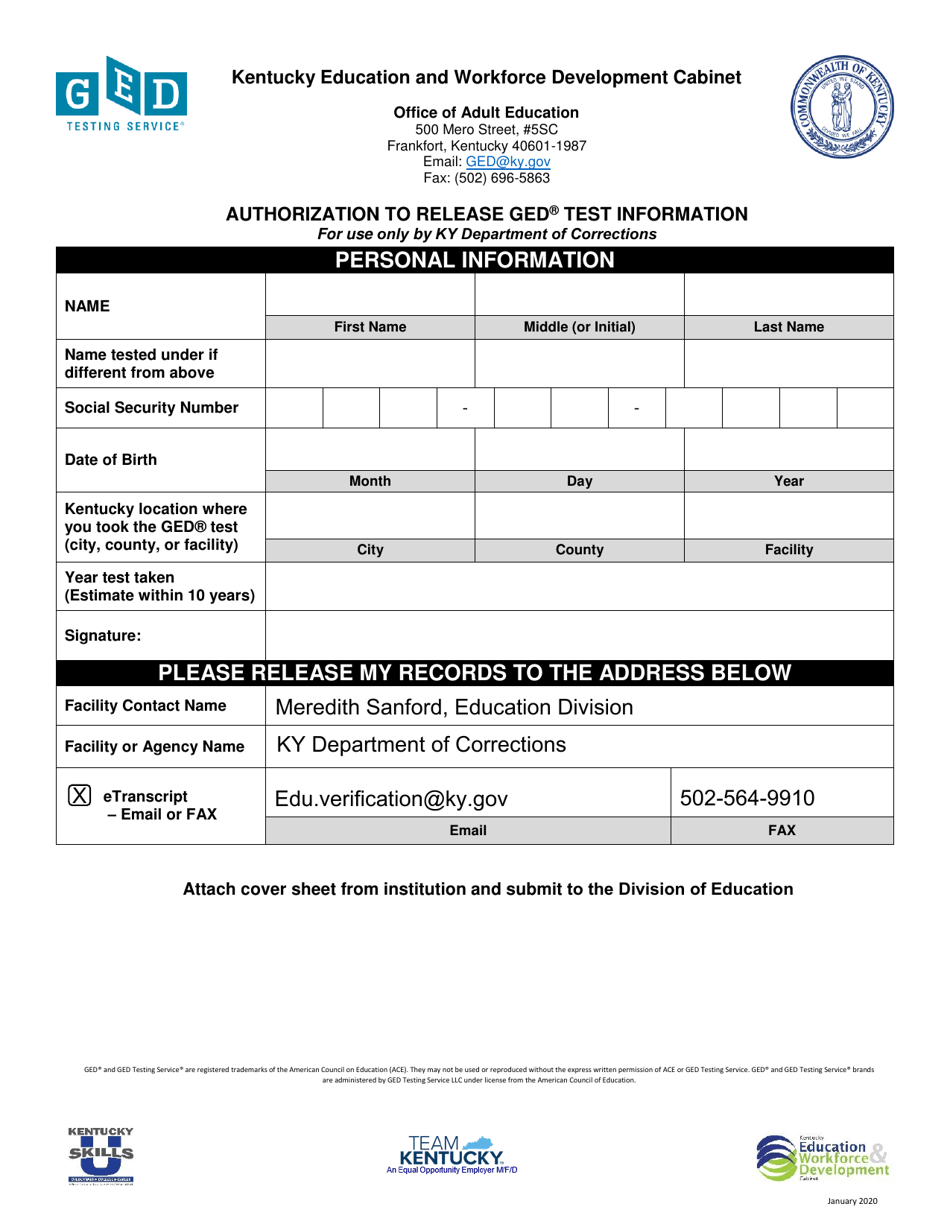 Authorization to Release Ged Test Information - Kentucky, Page 1