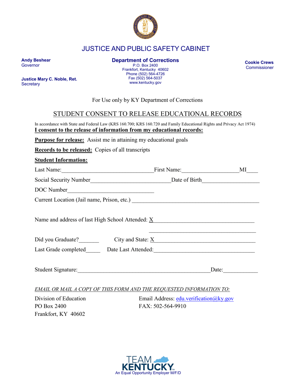 Kentucky Student Consent to Release Educational Records Fill Out
