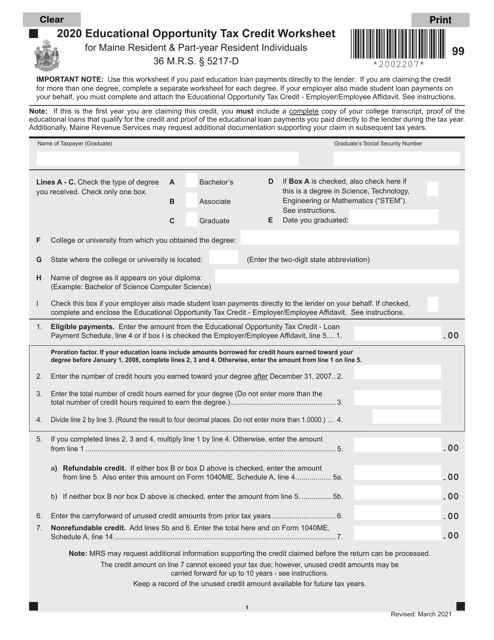 Educational Opportunity Tax Credit Worksheet for Maine Resident & Part-Year Resident Individuals - Maine Download Pdf
