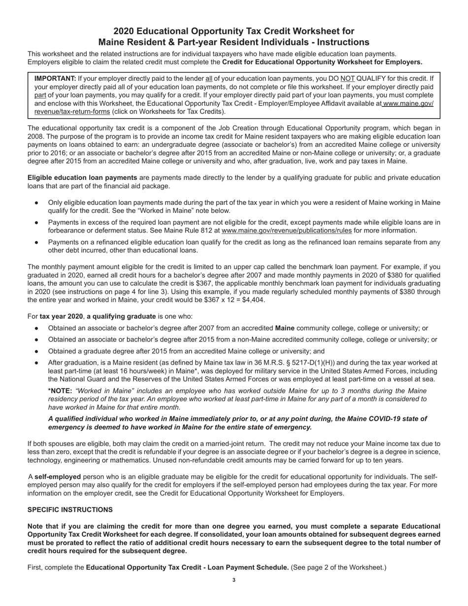 Educational Opportunity Tax Credit Worksheet for Maine Resident  Part-Year Resident Individuals - Maine, Page 3