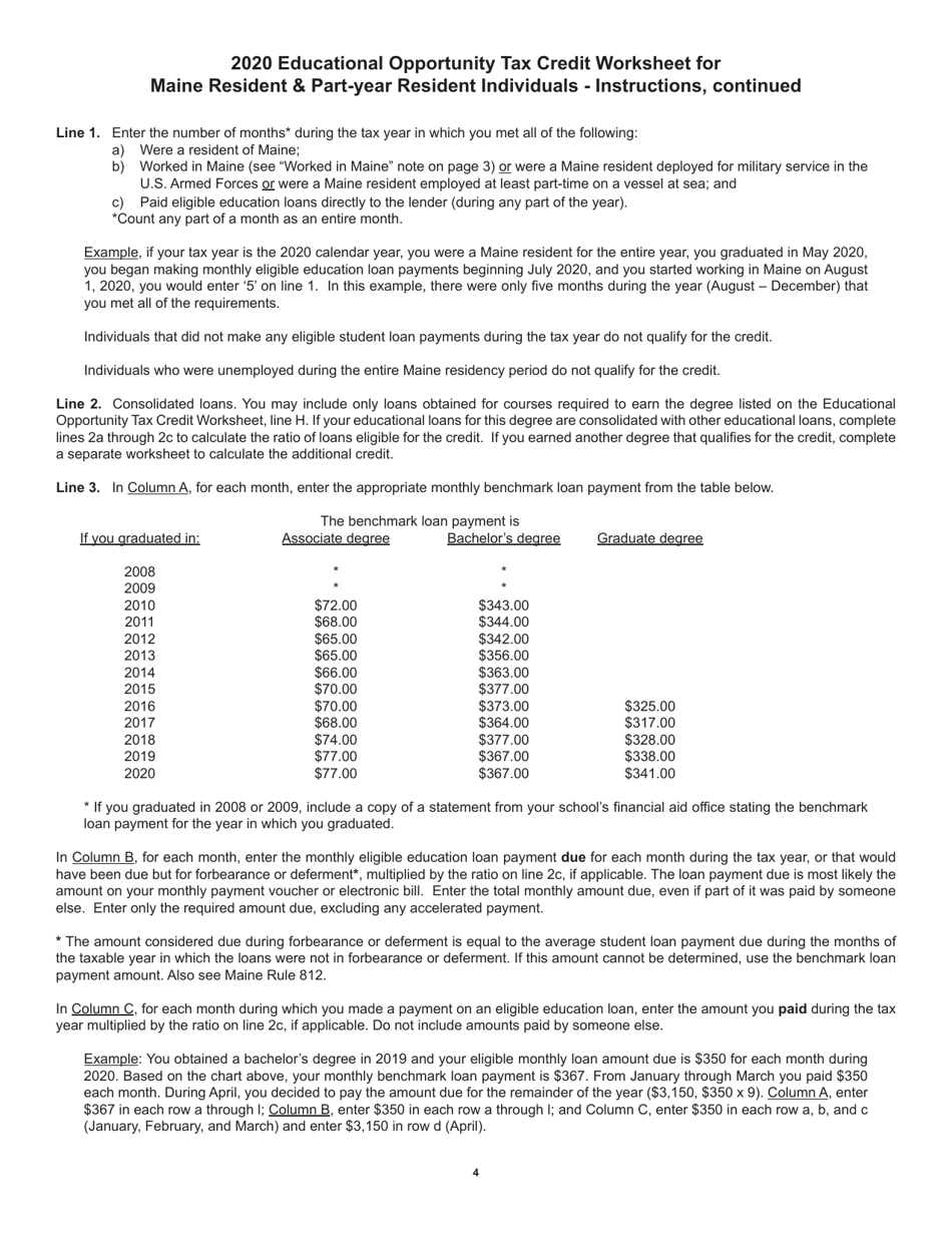 Educational Opportunity Tax Credit Worksheet for Maine Resident  Part-Year Resident Individuals - Maine, Page 4