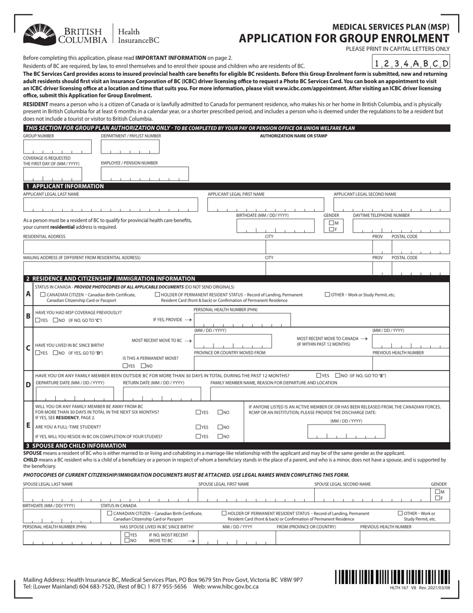 Form HLTH167 Medical Services Plan (Msp) Application for Group Enrolment - British Columbia, Canada, Page 1