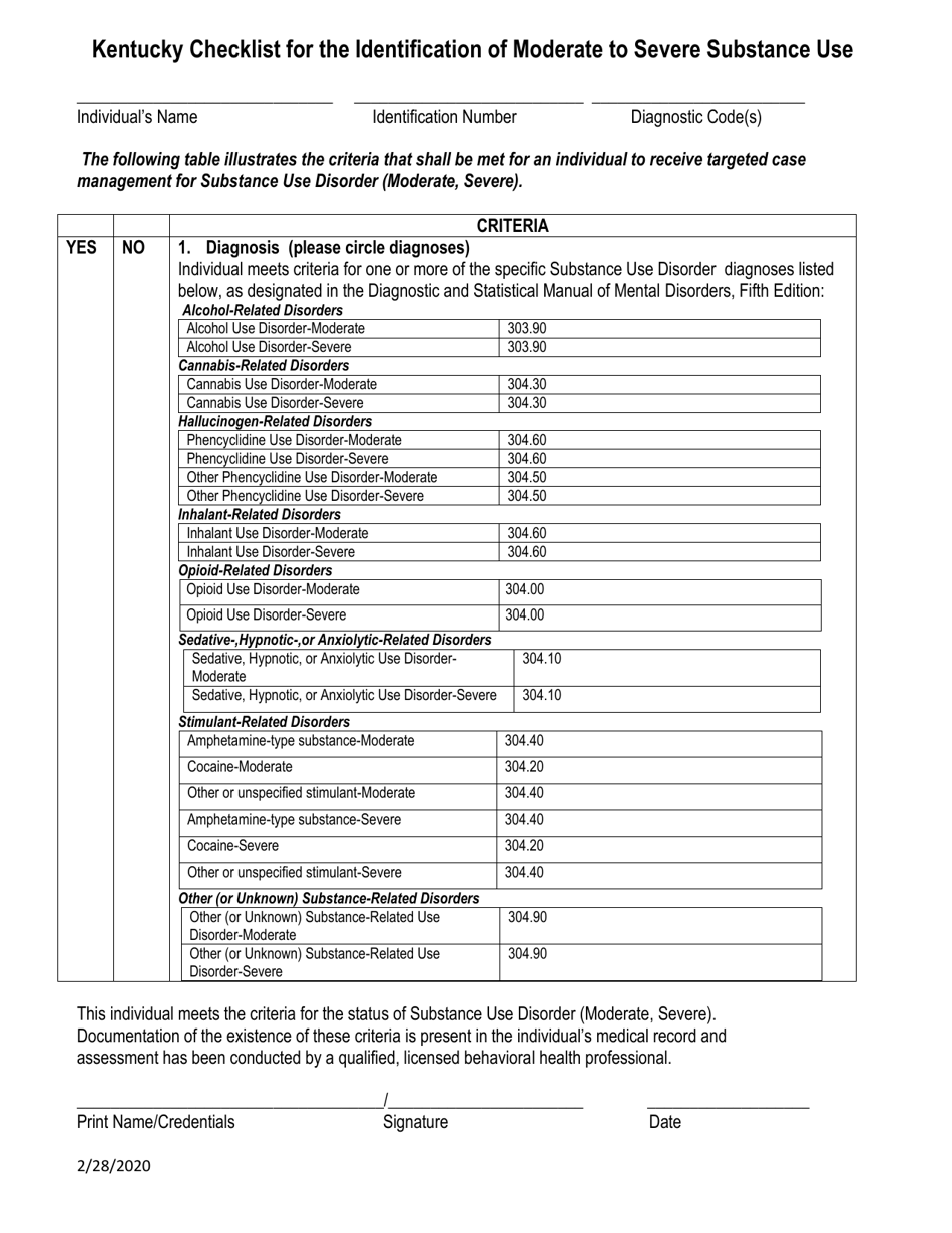 Kentucky Kentucky Checklist for the Identification of Moderate to