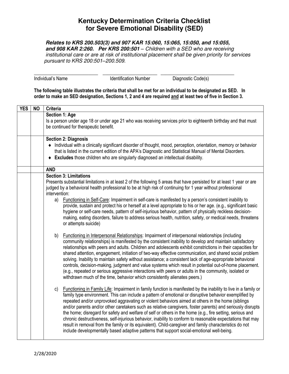 Kentucky Determination Criteria Checklist for Severe Emotional Disability (Sed) - Kentucky, Page 1