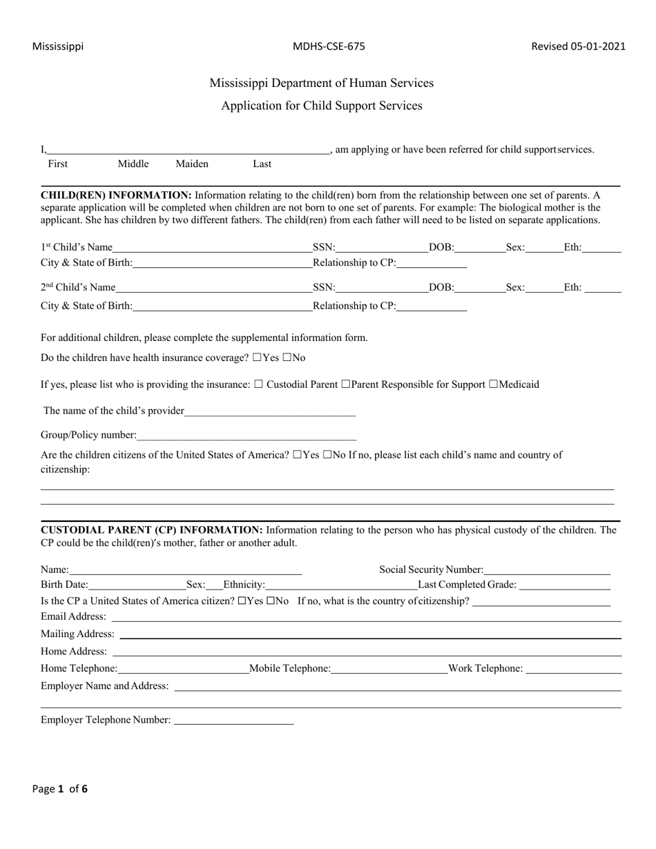 Form MDHS-CSE-675 Application for Child Support Services - Mississippi, Page 1