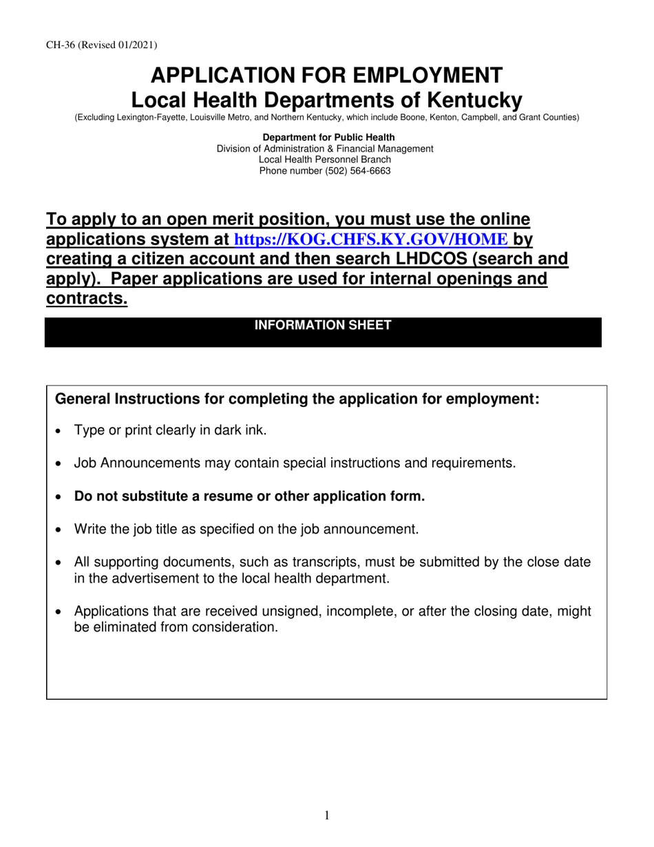 Form CH-36 Application for Employment - Kentucky, Page 1