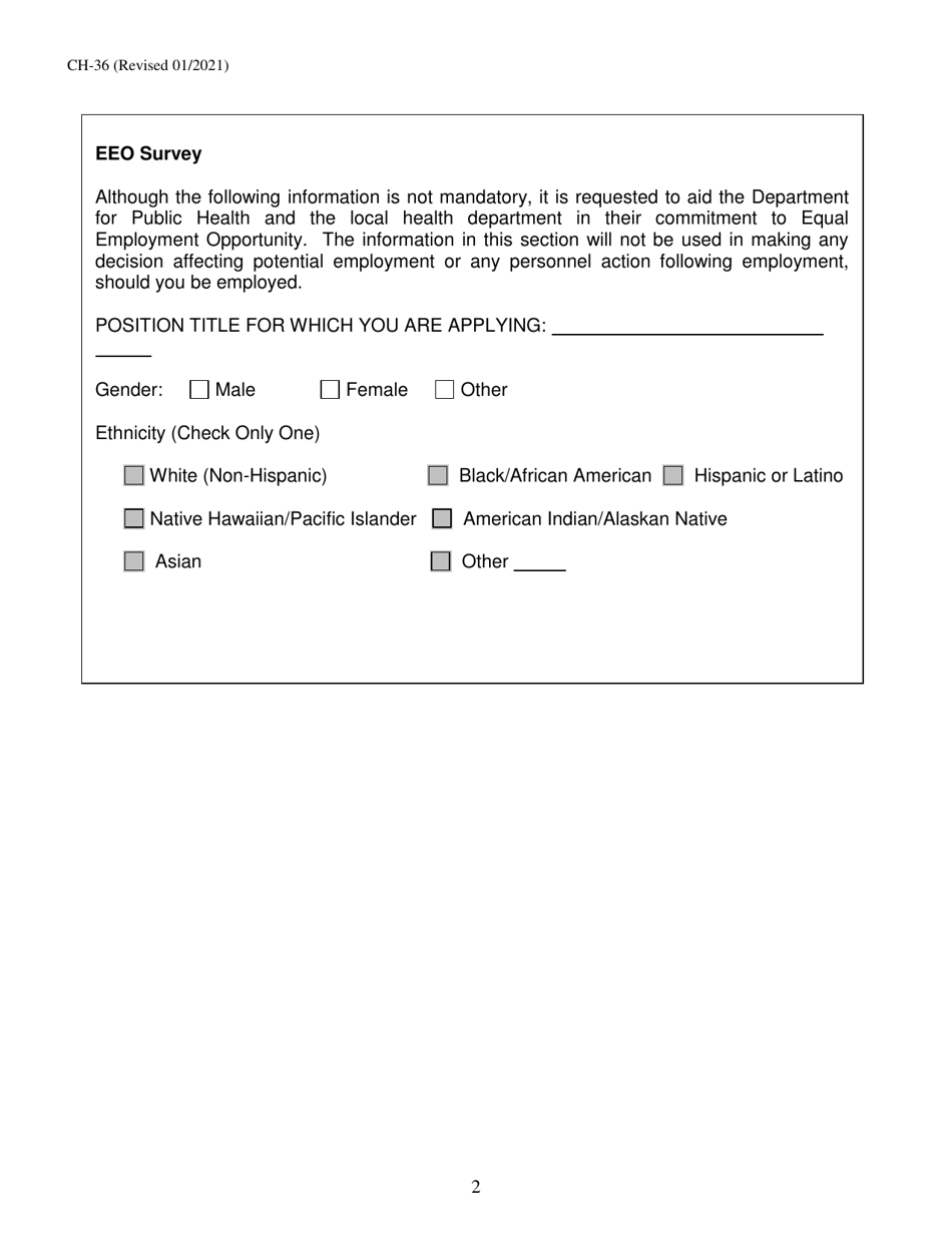 Form CH-36 Application for Employment - Kentucky, Page 2