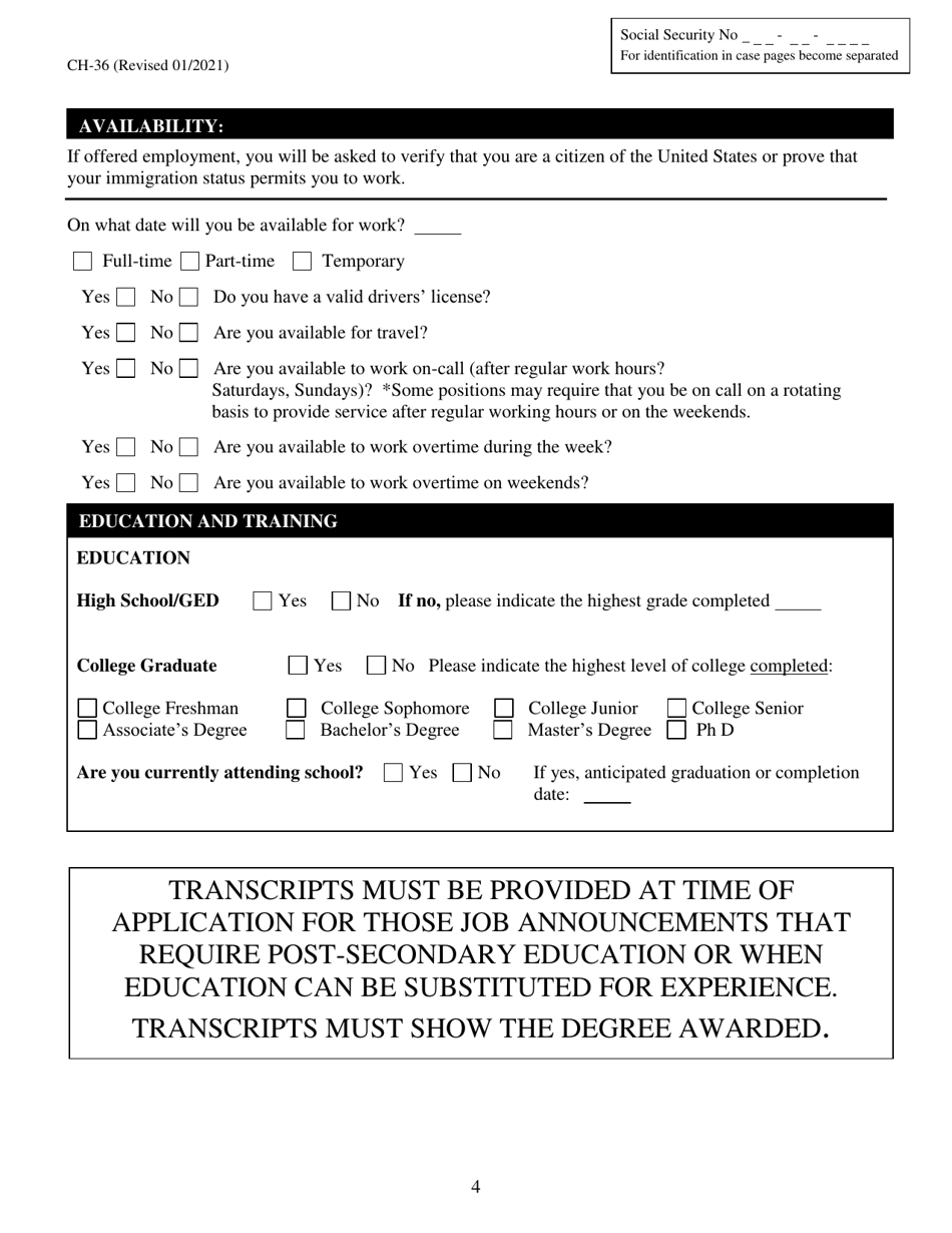 Form CH-36 Application for Employment - Kentucky, Page 4