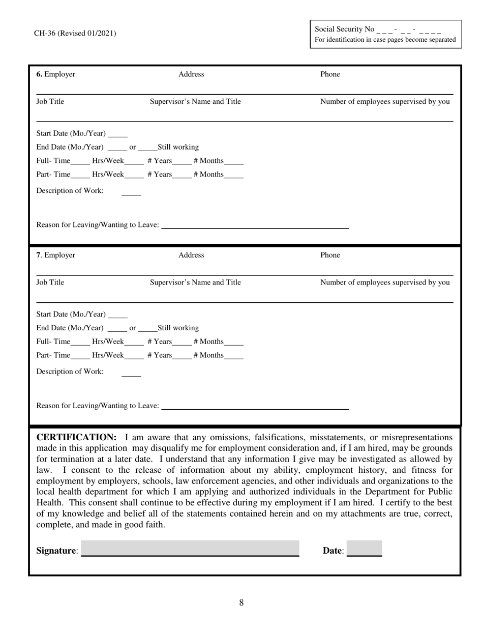 Form CH-36 Application for Employment - Kentucky, Page 8