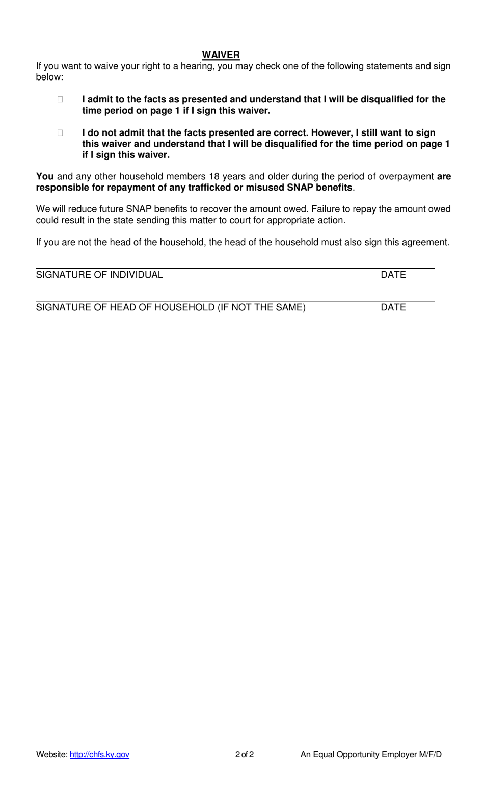 Form FS-80A(TR) Voluntary Waiver of Snap Administrative Disqualification Hearing - Kentucky, Page 2