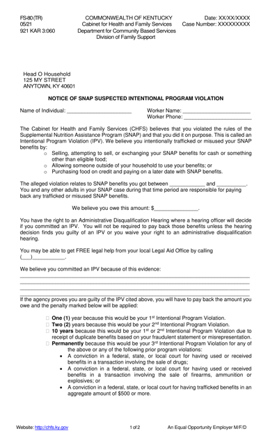Form FS-80(TR) Notice of Snap Suspected Intentional Program Violation - Kentucky