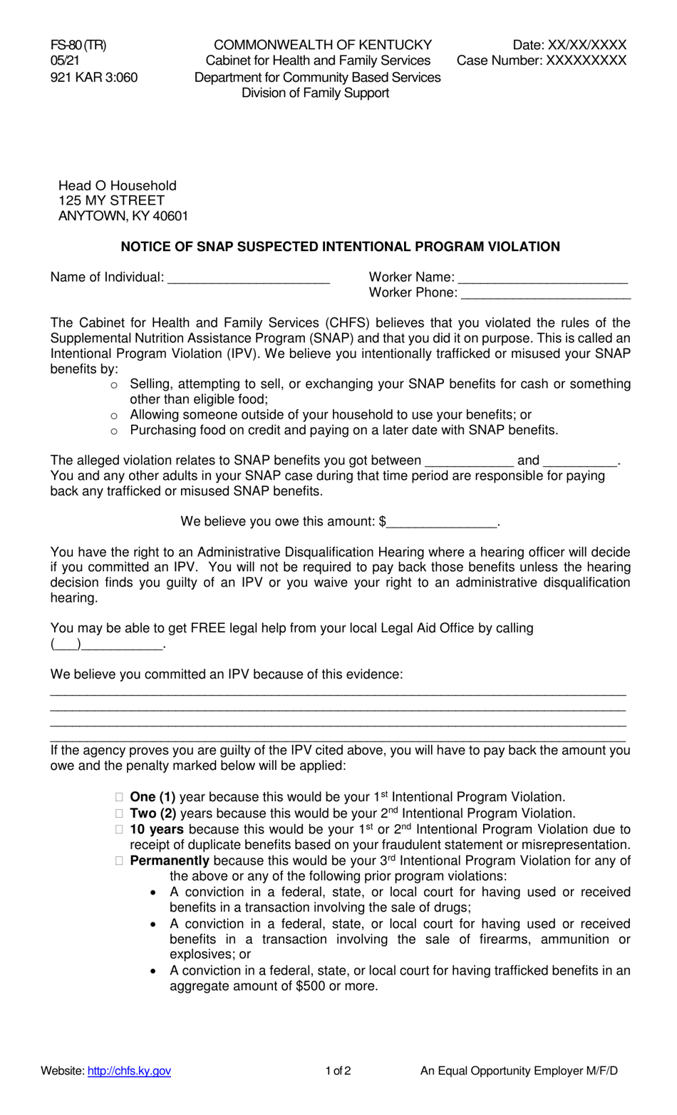 Form FS-80(TR) Notice of Snap Suspected Intentional Program Violation - Kentucky, Page 1