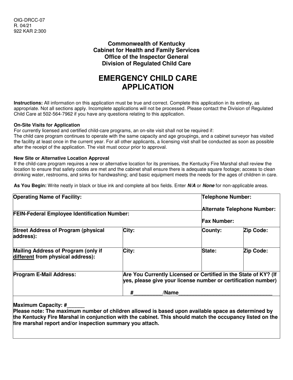 Form OIG-DRCC-07 Emergency Child Care Application - Kentucky, Page 1