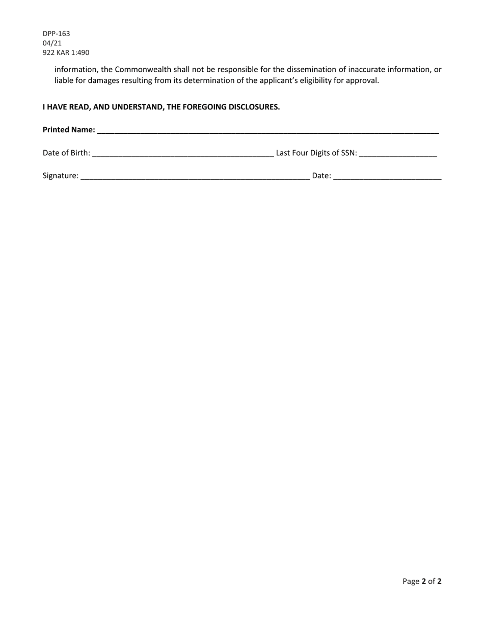 Form DPP-163 Disclosures to Be Provided to and Signed by the Applicant - Kentucky, Page 2