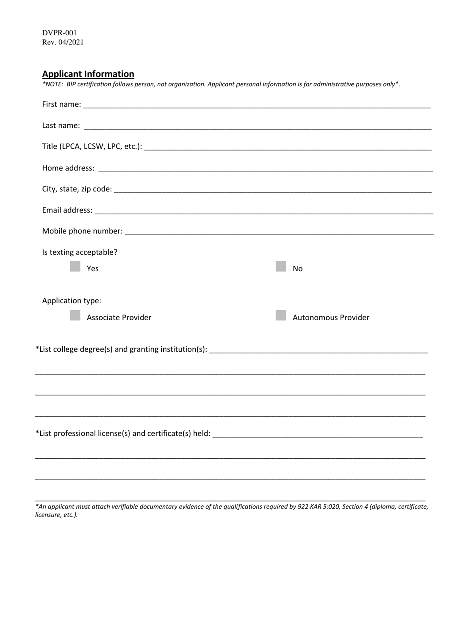 Form DVPR-001 Application for Batterer Intervention Provider Certification - Kentucky, Page 3