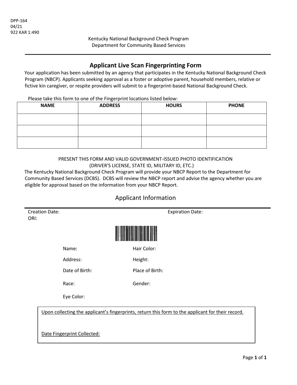 Form DPP-164 Applicant Live Scan Fingerprinting Form - Kentucky, Page 1